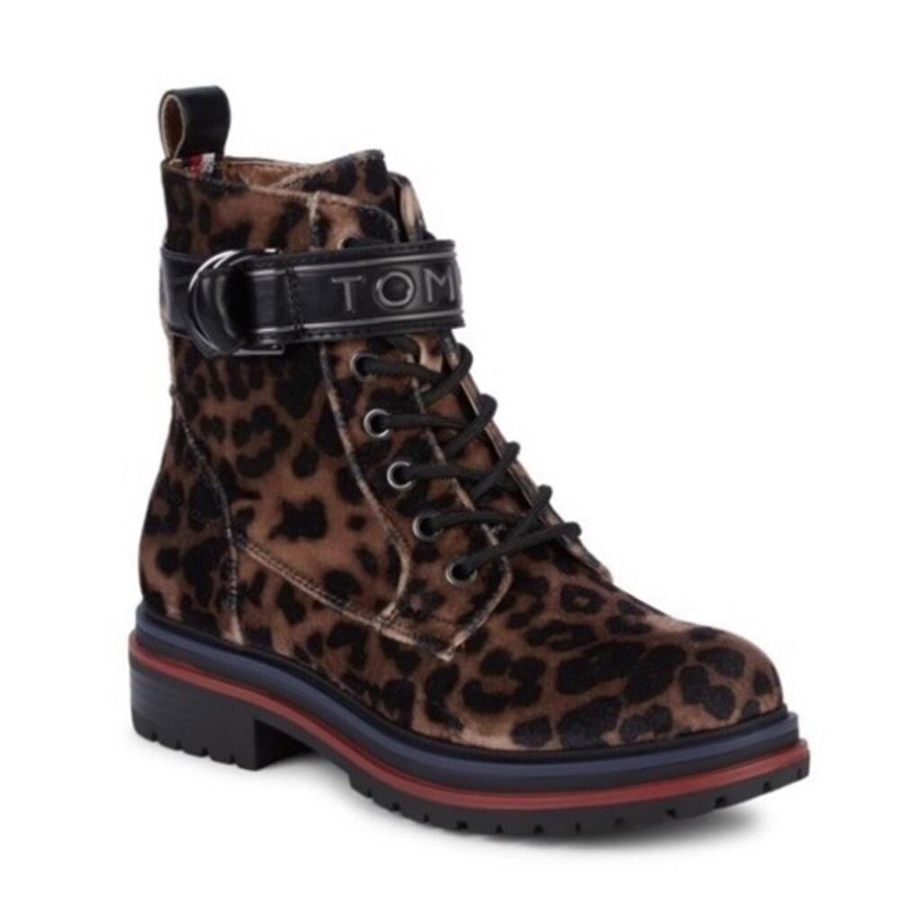 NEW Tommy Hilfiger Parsins Leopard Velvet Combat Boots Size 6.5 Chunky Sole